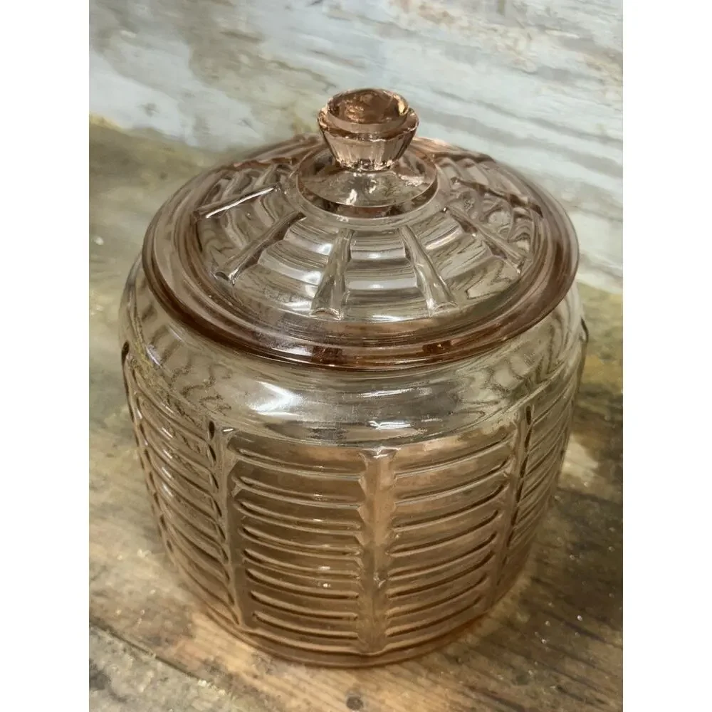 Vintage Anchor Hocking Pink Depression Glass MANHATTAN Pattern Cookie Candy Jar